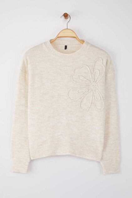 Trendyolmilla Taş Yumuşak Dokulu Çiçek Desenli Triko Kazak