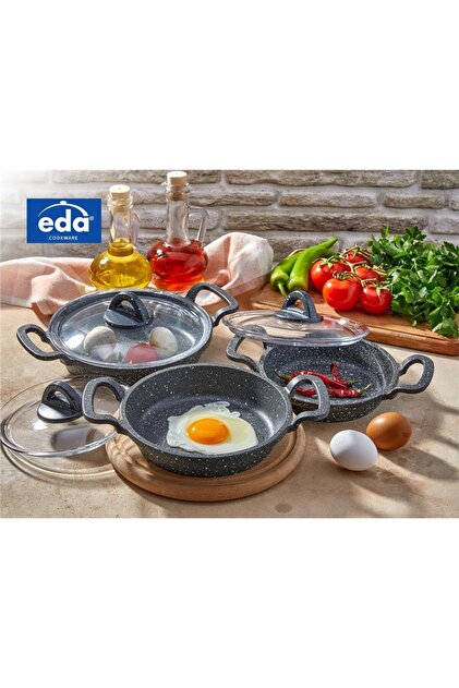 Eda COOKWARE ASYA 3 LÜ SAHAN SETİ CAM KAPAKLI DÖKÜM GRİ YUVARLAK