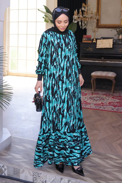Emerald Green Patterned Skirt Tiered Viscon Dress