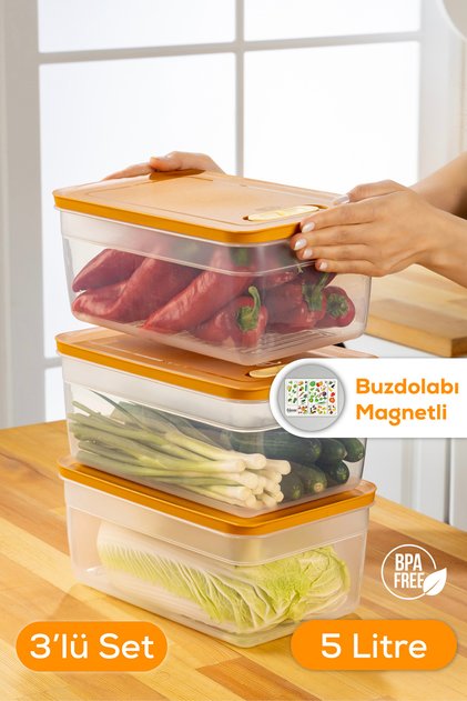 3-piece adjustable vegetable and fruit storage container orange 5 liters