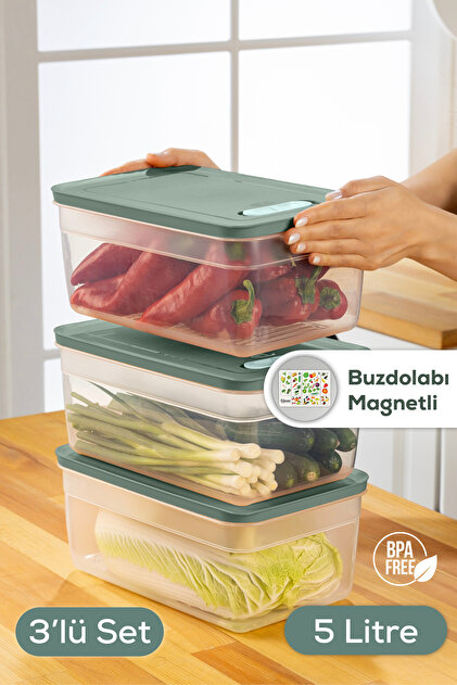 Vienev 3'lü Ayarlı Sebze Ve Meyve Saklama Kabı Yeşil 5 Litre