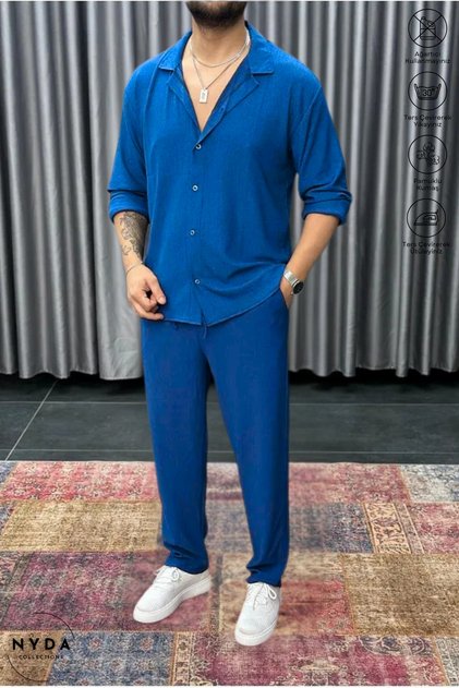 Men's Crinkle Suit Buttoned Shirt and Lace-Up Trousers Summer Suit Double Pocket Crinkle Fabric