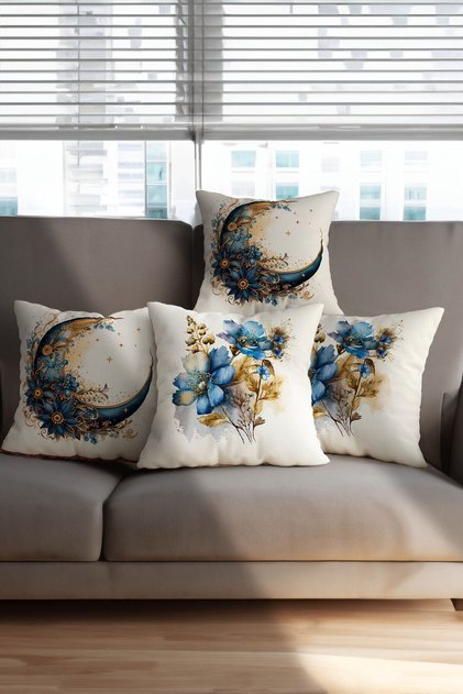 4-Piece Digital Printed Throw Pillow Cover with Moon and Crescent Pattern in Blue, Yellow and White Colors with White Background