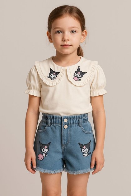 Baby Collar Embroidered Embroidery Detailed Denim Skirt Girl's Bottom Top Set