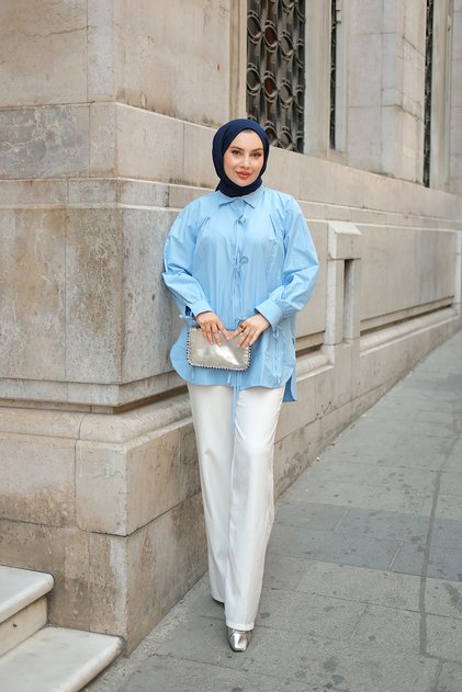 Women's Front Ribbon Detail Oval Cut Shirt Baby Blue