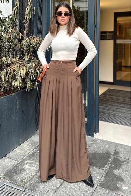 Women's Coffee Zipper Closure, Pocket, Pleated Wide Leg Skirt Trousers