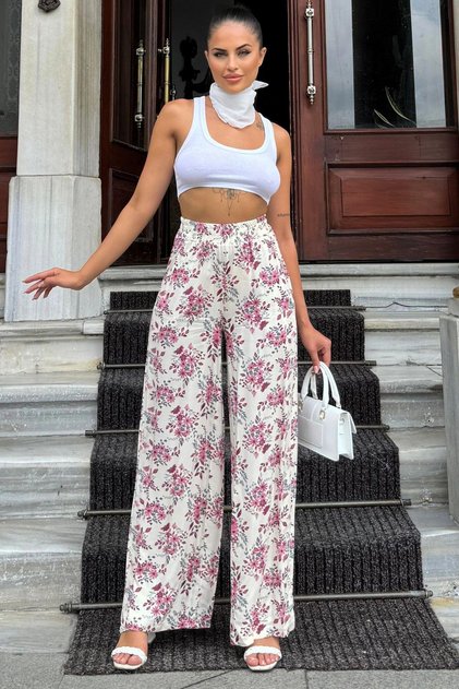 Women's Dusty Rose & Ecru Floral Patterned, High Waist, Wide Leg, Relaxed Fit Trousers