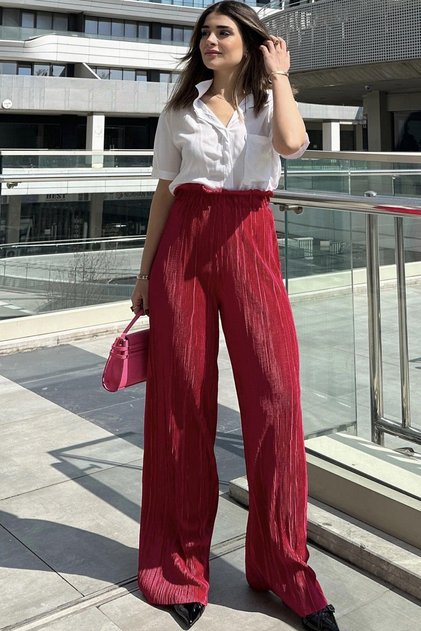 Women's Burgundy Elastic Waist, High Waist, Loose Cut, Wide Leg Wrap Pants
