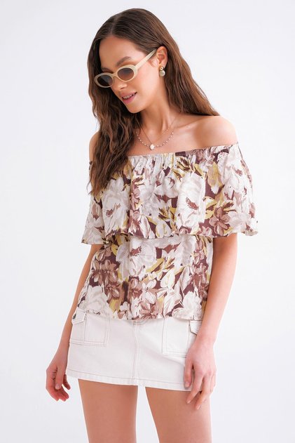 4648 Women's Off Shoulder Flounce Floral Patterned Blouse Soil