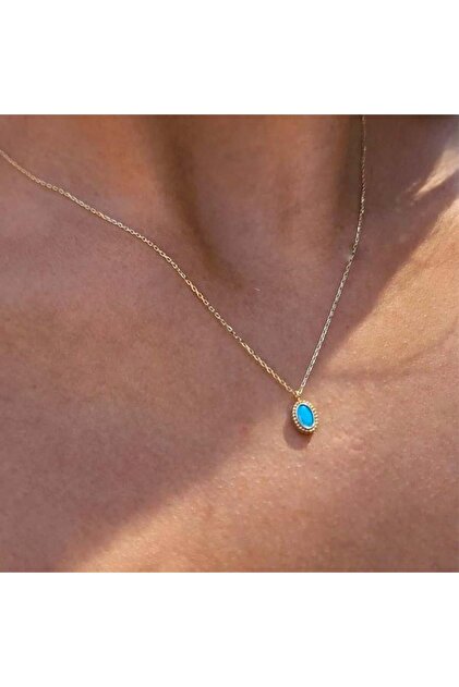 Altın Kolye - 0.90 CT Turkuaz (Firuze) Taşlı Güverseli Minimal Tasarım Hediye 14 Ayar Altın Kolye