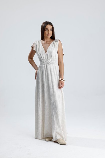 Linen Long Dress with Lace Detail and Gipeli Waist - Cream