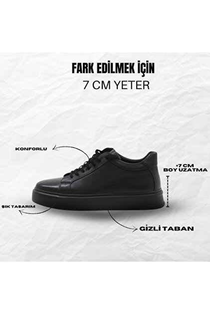 Lorvenzo SİYAH DERİ SNEAKER +7 CM BOY UZATAN (Gizli Taban