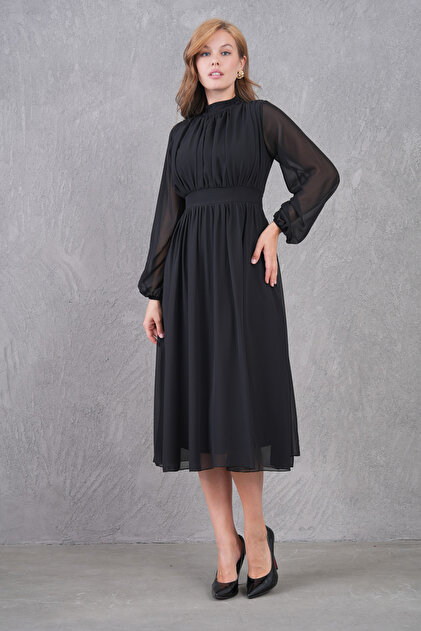 vuvutasarım Lined Chiffon Fabric Long Sleeve Stand Collar Flared Cut Midi  Length Black Chiffon Dress 094- Trendyol