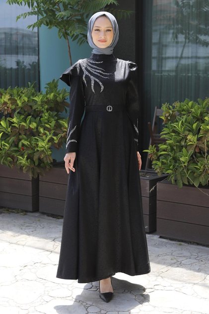 Stoned Burning Pattern Abendkleid Schwarz 11403
