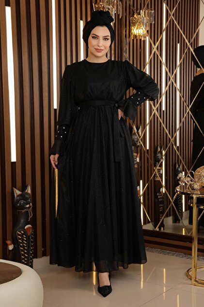 ModaMihram Stone Detailed Glitter Chiffon Evening Dress Black 19113- Trendyol ModaMihram Stone Detailed Glitter Chiffon Evening Dress Black 19113- Trendyol