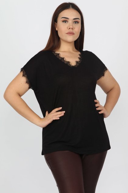 Women's Large Size Black Lace Detailed Blouse 65n13235