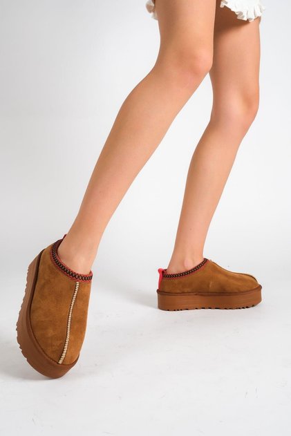 MB4040-TB Women's Winter Thick Sole Furry Suede Tan Slippers & Home Shoes