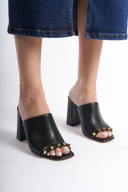 Mubiano Genuine Leather Collection Women's Heeled Slippers Black -Mcbrg5692-S