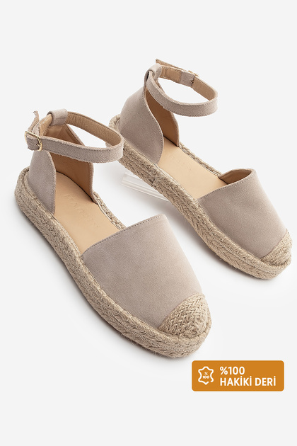 Damen-Sandalen aus echtem Leder mit Knöchelriemen aus Jute, Espadrille-Sandalen, Zoder, beige Wildleder