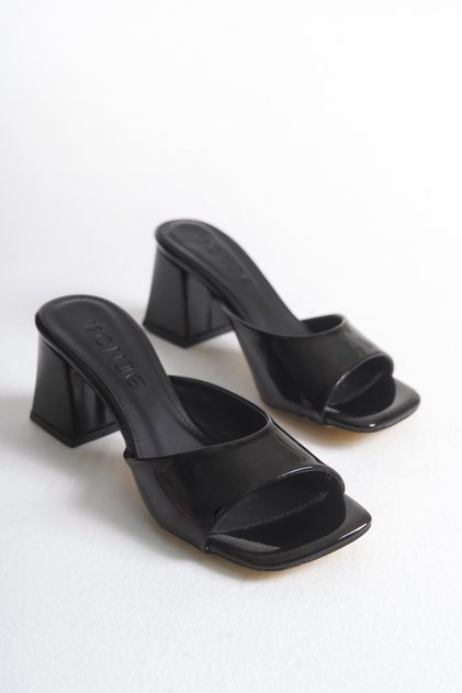 Alya Black Patent Leather Thick Heeled Square Evening Dress Women's Slippers