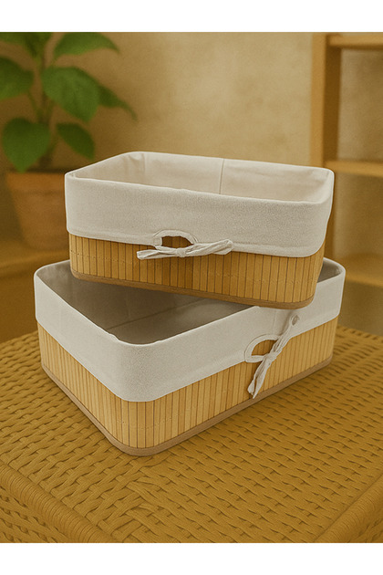Mdf Base Foldable 2-Piece Natural Bamboo Basket Organizer with Inner Lining