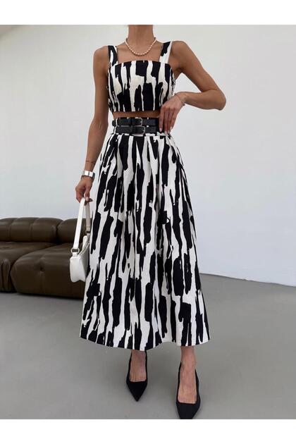 Black-White Double Belted Bustier Skirt Suit