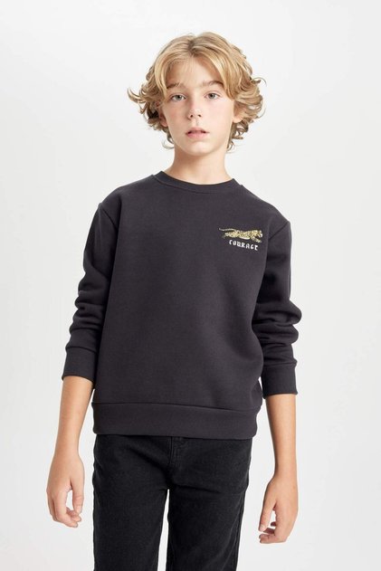 Boy's Printed Crew Neck Printed Thick Black Sweatshirt D3091A824Au