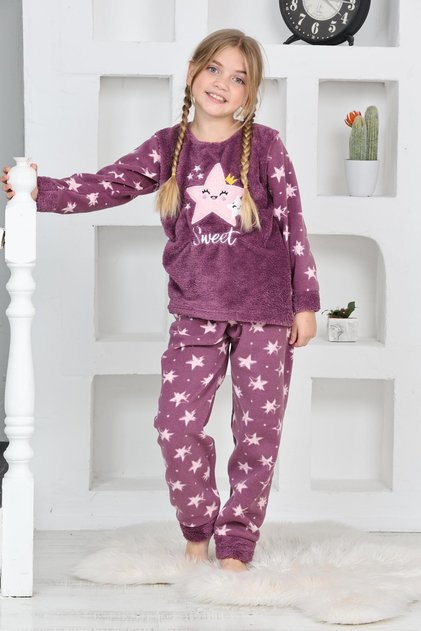 Nou sezon toamnă/iarnă pentru fete, set de pijamale din lână cu model de stea 4100-violet