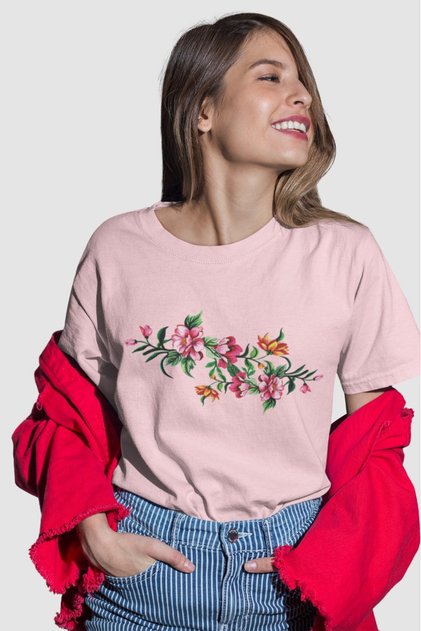 Women's Medium Flower5 Transfer Printed Round Neck Short Sleeve T-Shirt