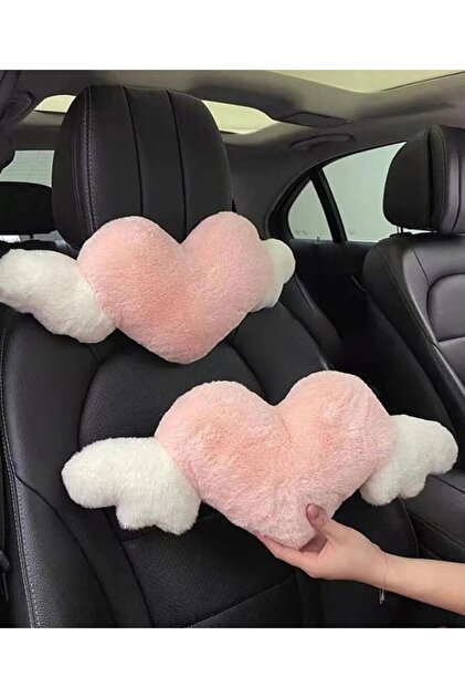 Wing heart araç seyahat yastığı - araç koltuk boyun yastığı pembe beyaz 1 adet