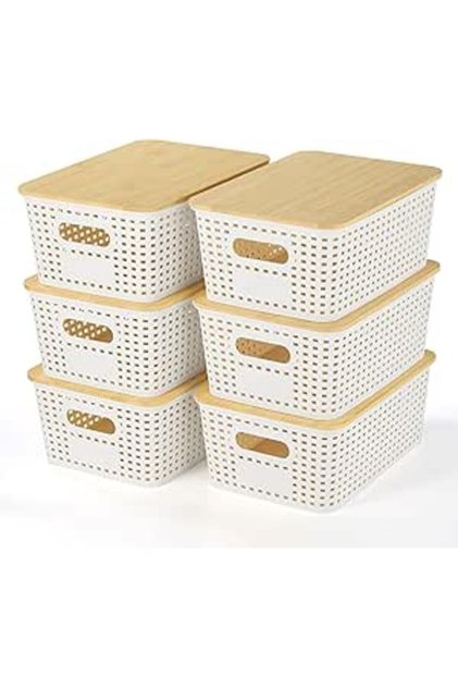 Plastic Storage Baskets with Bamboo Lid, Stackable Bins for Shelves, Closet, Office – 6 Pack