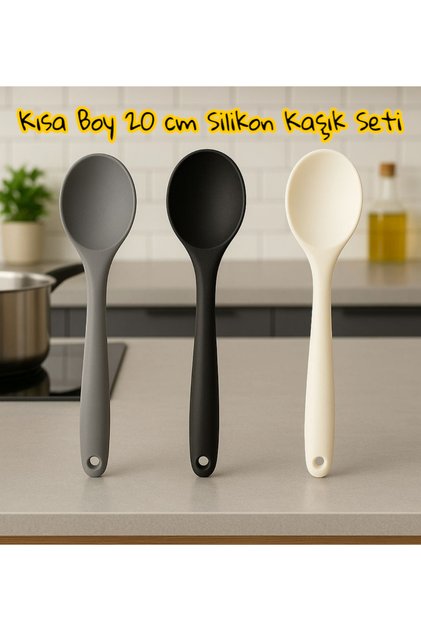 Short Size 20 cm Set of 3 Silicone Spoons Black-White-Grey
