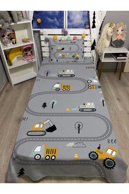 Gray Ladder Business Machinery Patterned Single Pique and Pillowcase Bedspread Set
