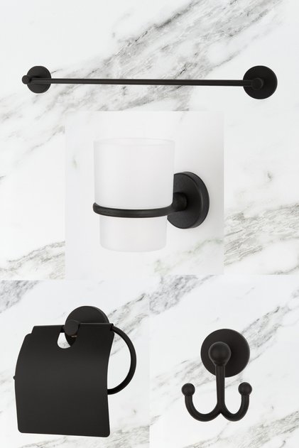 Black Long Towel Holder Wide Cover Toilet Paper Holder Robe Hanger Toothbrush Holder Accessory Set of 4