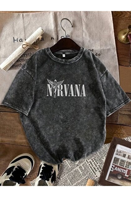 洋楽 SHIWA2000 Touz Moda Nirvana Baskılı Yıkamalı Vintage Unisex Oversize T-Shirt