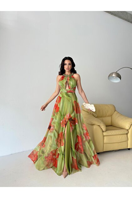 Serica Moda Green Patterned Halter Neckline Design Chiffon Evening Dress