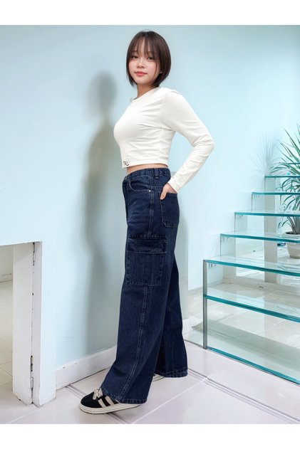 Girl's 100% Cotton Baggy Fit Cargo Model Wide Trousers