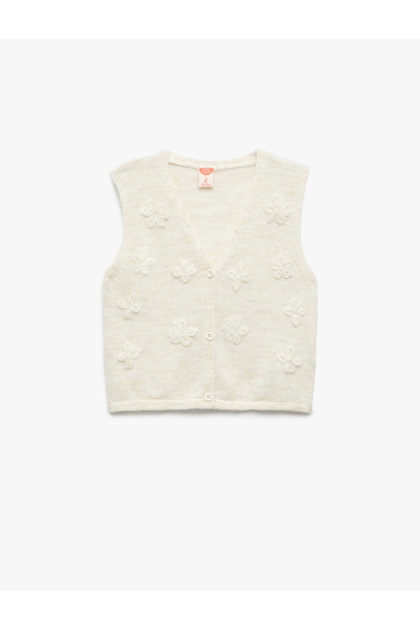 Buttoned V-Neck Knit Sweater with Flower Applique