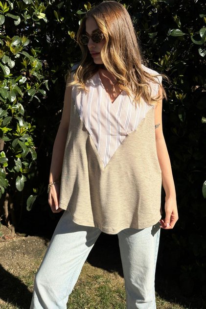 Women's Beige Double Breasted V-Neck, Sleeveless, Color Block, Loose Blouse