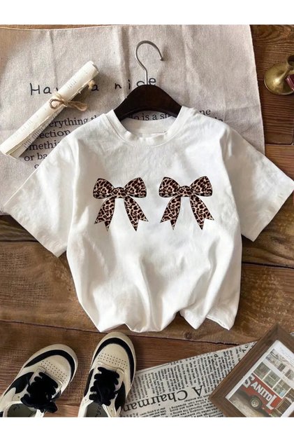 Girls' Leopard Print Bow Printed T-Shirt