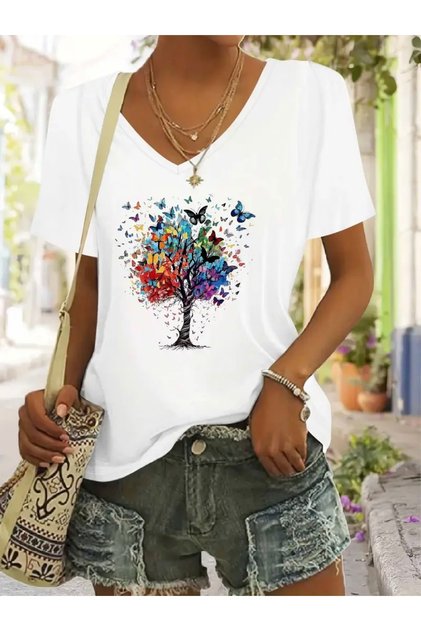 Butterfly Tree Printed Women's Oversize V-Neck T-Shirt