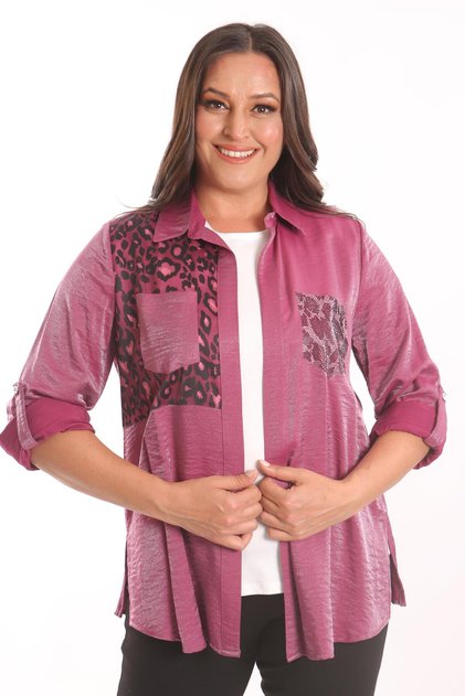 Tren42Plus Large Size Leopard Garnished Stone Printed Shirt Blouse Burgundy Set