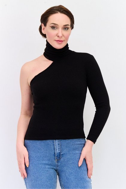 Women Turtle Neck One Shoulder Sleeves Knitted Top, Black