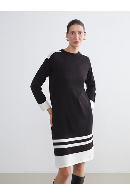 Black Crew Neck Color Block Knitwear Dress