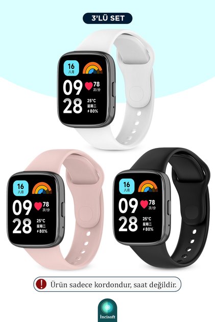 Redmi Watch 3 Active Uyumlu 3 Adet Kordon Set Spor Şık Tasarım Yumuşak Silikon Kayış