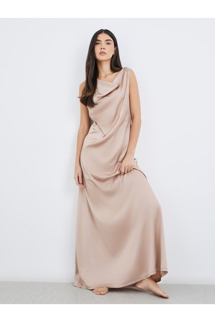 Satin Cowl Neck Back Lace Detail Slip Dress