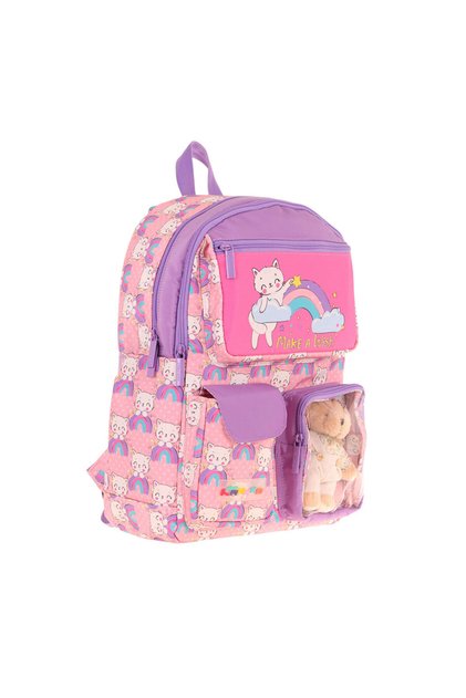 Kız Çocuk Peluş Kedili İlkokul Okul Sırt Çantası - Pembe Mor - L5241