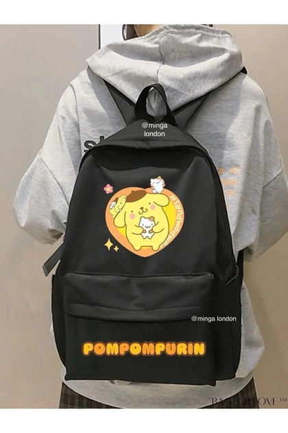 حقيبة ظهر مدرسية مطبوعة على شكل قلب أصفر من Pompompurin، وغرفة الدراسة، وجيب أمامي للدورة