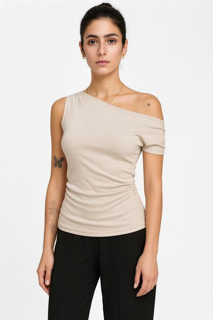 Women's Single Sleeve Asymmetrical Boat Neck Slim Single Jersey Gather Detail Blouse