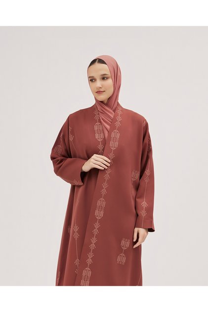Half-flared crepe abaya with Najdi embroidery - melon color - Melon crepe abaya with embroidery